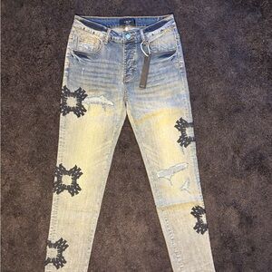 AMIRI Men's Slim Jeans with Black Floral Accents